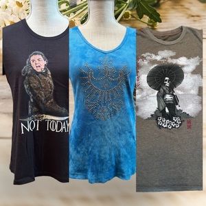 Bundle of 3 shirts, black GOT sz LG, blue Sledge sz MD brown skull RVCA sz Sm